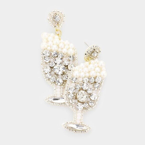 Ivory Pearl Rhinestone Cluster Champagne Earrings - Picture 3 of 5